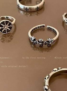 暗黑做旧十字架开口戒指女欧美风小众设计指环简约时尚个性食指