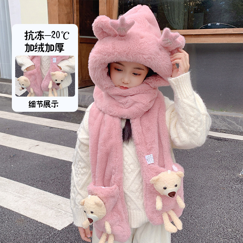 儿童帽子冬季男女童可爱萌护耳帽围巾手套一体帽小熊款宝宝套头帽,淘宝优惠券,粉丝福利购,淘宝优惠卷