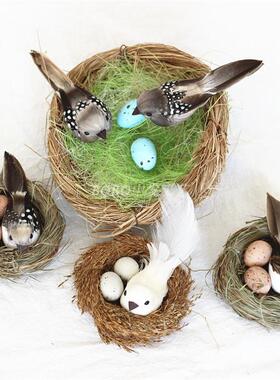 森系鸟窝草编橱窗拍摄道具摆件