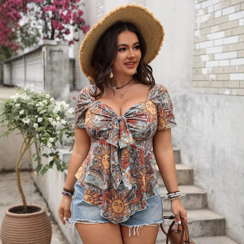 大码性感系带宽松印花上衣女装Large size sexy women's clothing - 图0