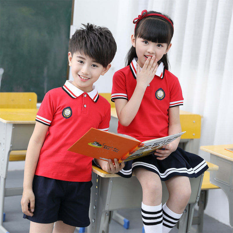 幼儿园园服夏装短袖纯棉班服夏天二三四五年级小学生校服套装红色