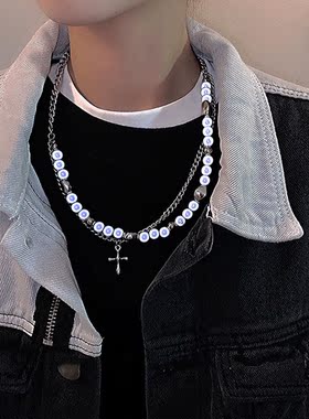 痞帅新款春甜酷风反光珍珠十字架项链女ins嘻哈男潮锁骨链