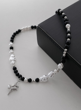 新款原创串珠星芒小众设计黑白珍珠项链女高级感手工锁骨链