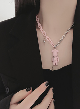 粉色小熊芒星拼接项链嘻哈甜酷风女高级感ins小众设计个性锁骨链