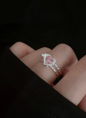 新款粉色爱心锆石戒指ins女生小众设计高级感日韩开口指环