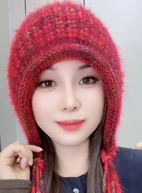 新款彩虹时尚针织流苏保暖帽松鼠绒毛线帽加厚加绒帽子护耳朵女帽
