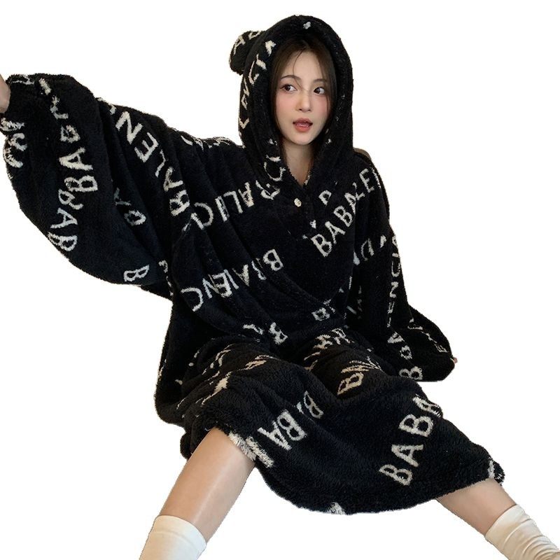 工厂批发连帽可爱大睡袍长毛绒秋冬简约宽松连体睡裙可外穿家居服,淘宝优惠券,粉丝福利购,淘宝优惠卷