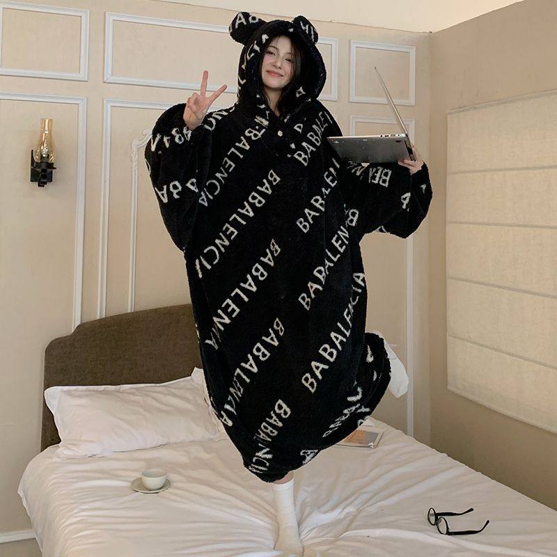 工厂批发连帽可爱大睡袍长毛绒秋冬简约宽松连体睡裙可外穿家居服,淘宝优惠券,粉丝福利购,淘宝优惠卷