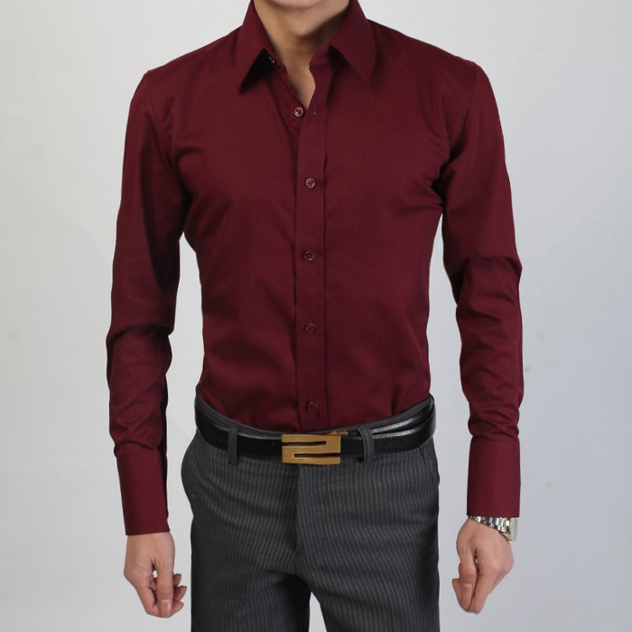 男衬衫尖领宽领暗红色长袖上班婚宴结婚衬衣商务免烫英伦修身寸衣