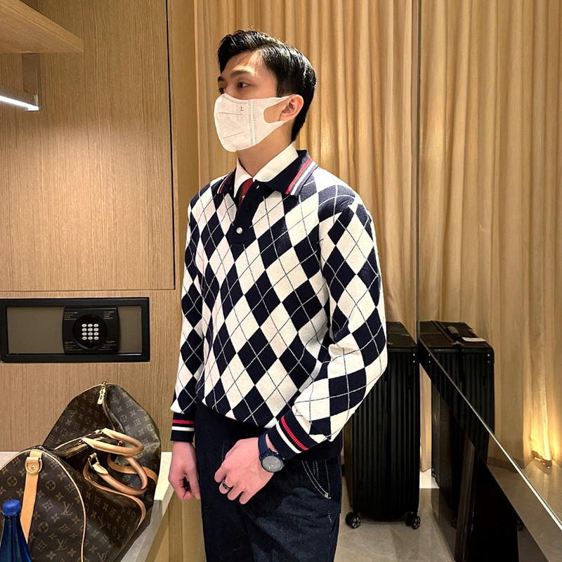 法国奢华男装菱格撞色翻领针织衫上衣时尚复古商务男士长袖polo衫,淘宝优惠券,粉丝福利购,淘宝优惠卷