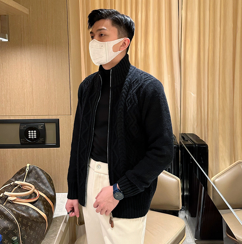 冬季加厚棒针麻花羊毛衫男款保暖外套英伦复古拉链开衫高领毛衣男