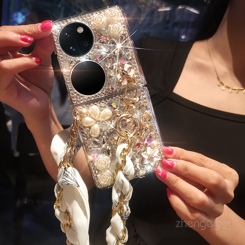 丝巾挂链手机挂绳水钻宝石手机壳女款适用华为P50PocketS折叠屏手机真机开模P60Pocket2代手机保护套全包防摔 - 图2