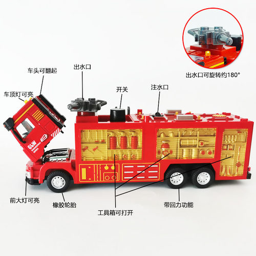 合金消防车玩具仿真可喷水水枪车声光回力云梯车男孩宝宝耐摔汽车 - 图3