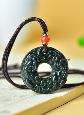 天然新疆和田青玉圆形双貔貅吊坠