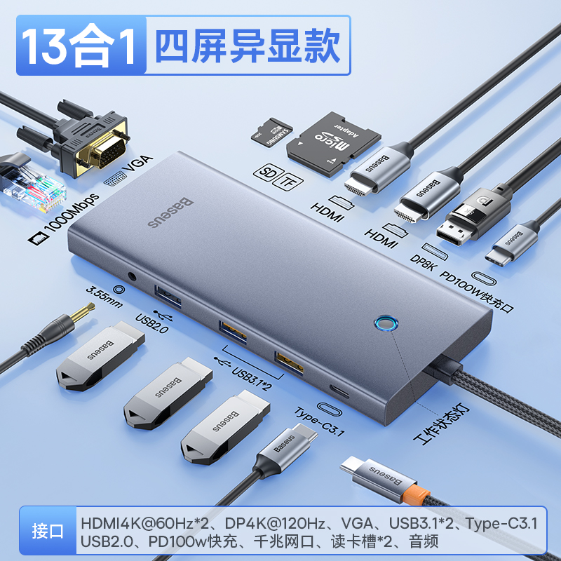 倍思Typec拓展坞usb扩展插头多口适用台式电脑笔记本手机转接头雷电4DP网线hub多屏异显hdmi转换器vga网口 - 图3