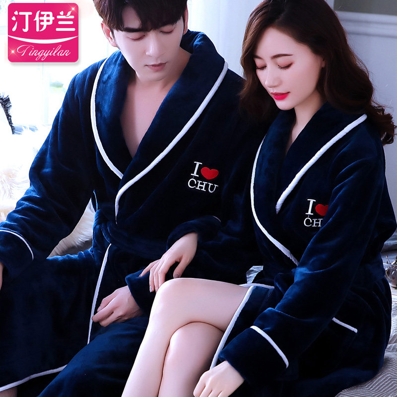 秋冬季情侣法兰绒男女加绒加长睡袍 御美服饰睡袍/浴袍