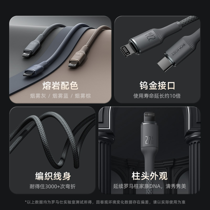 罗马仕数据线充电线器头适用苹果16/iPhone14/13手机12promax快速车载加长2米XR冲电8plus短ipad闪充PD快充