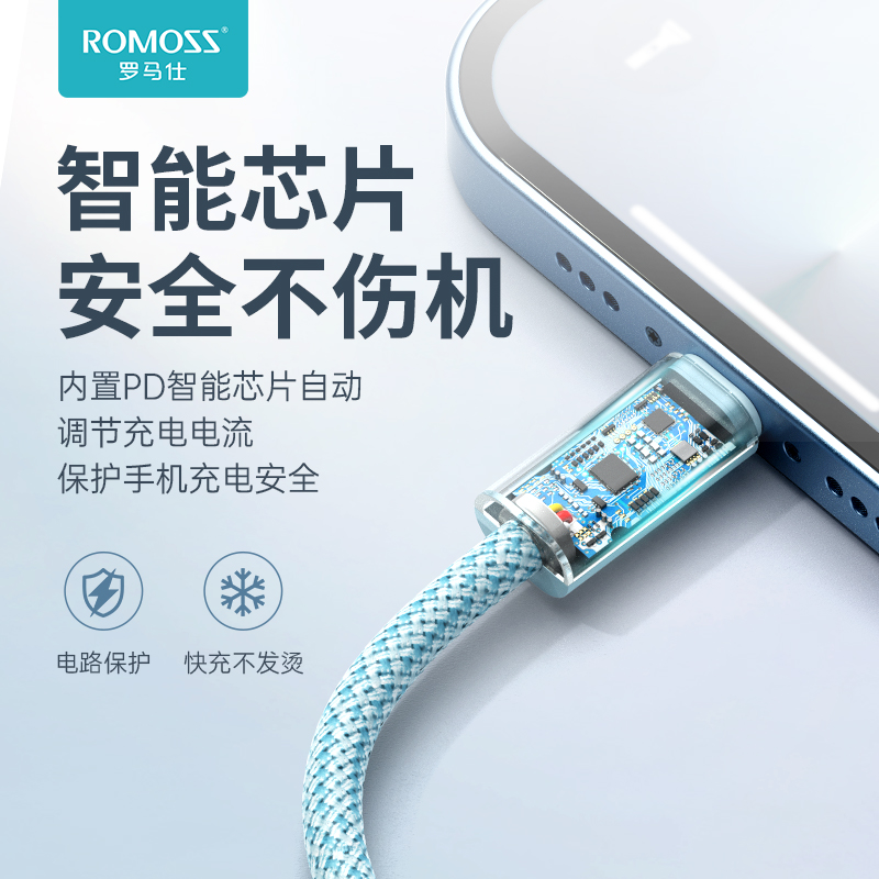 罗马仕适用于苹果PD快充数据线27W闪充正品适用于苹果iPhone12/13/14ProMax手机加长2米编织充电线mini专用 - 图3