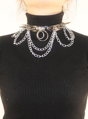 欧美狂野个性超长尖钉链条PU皮项圈原宿朋克风手工铆钉颈脖套项链