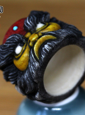 天然鹿角雕刻钟馗扳指根付上色指环镶嵌款手把件