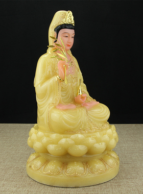 汉白玉镶金观音佛像居家供奉摆件