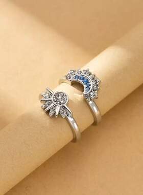 指环个人化复古太阳月亮戒指女小众设计感高级轻奢食指戒开口可调