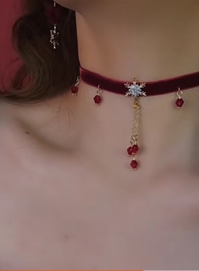 红色丝绒颈链新娘礼服配饰复古choker花朵项链脖子饰品颈带敬酒女