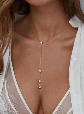 欧美简约几何流苏圆珠锁骨多层气质项链女创意长款项饰圆珠链叠戴