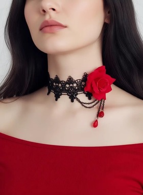 欧美跨境新款女士时尚项链玫瑰花项链个性锁骨链礼服配饰夸张流苏
