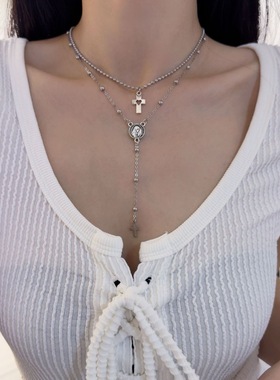 欧美跨境新款女士时尚项链十字架项链个性锁骨链礼服配饰夸张流苏