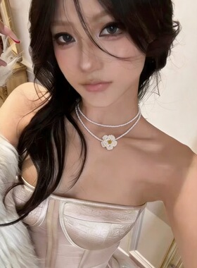 夏日海边度假风手工串珠山茶珍珠颈链女多层缠绕项圈锁骨链配饰品