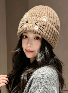 可爱刺绣猫咪猫耳针织帽少女秋冬防寒毛线帽子保暖护耳显脸小冷帽