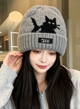 潮酷风红色黑猫图案针织冷帽女秋冬加绒加厚保暖复古包头毛线帽子