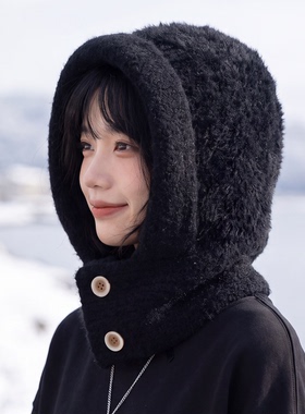 针织毛绒连体帽女冬季保暖加厚连帽护耳防寒围脖一体帽毛线雷锋帽