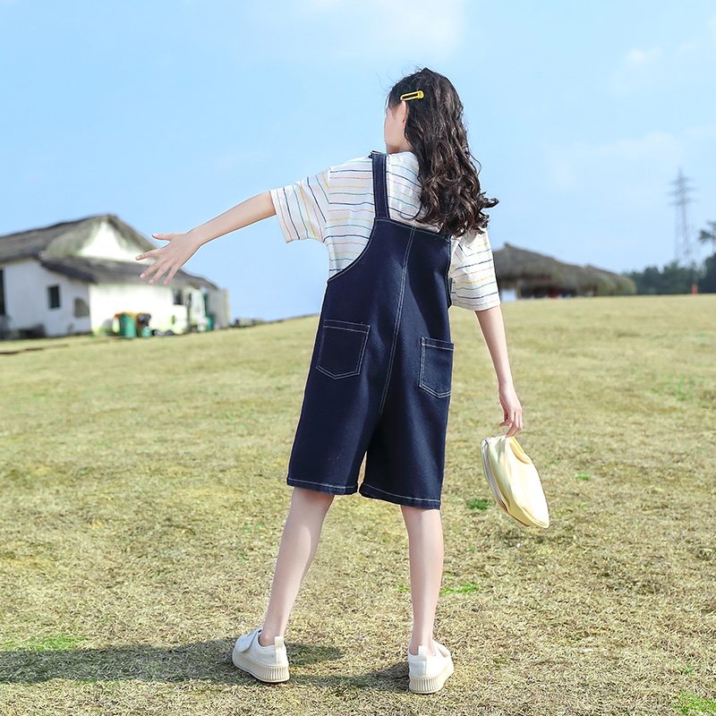 女童牛仔背带裤套装2024洋气新款儿童夏季短袖大童夏装女孩两件套