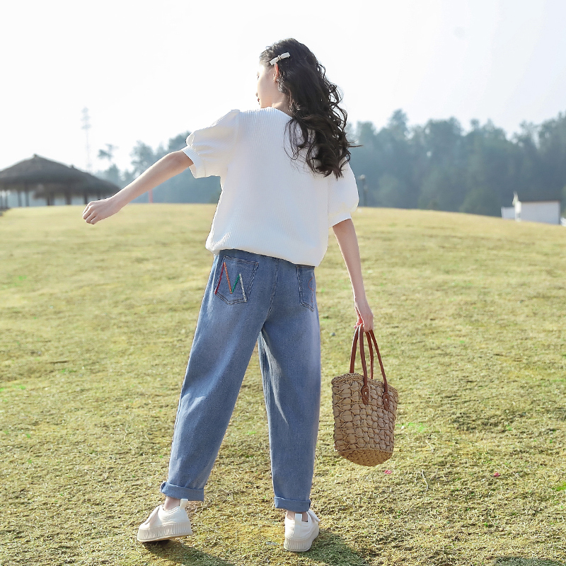 女童夏季短袖套装2024新款洋气大童女装牛仔裤子儿童装夏装两件套-图3