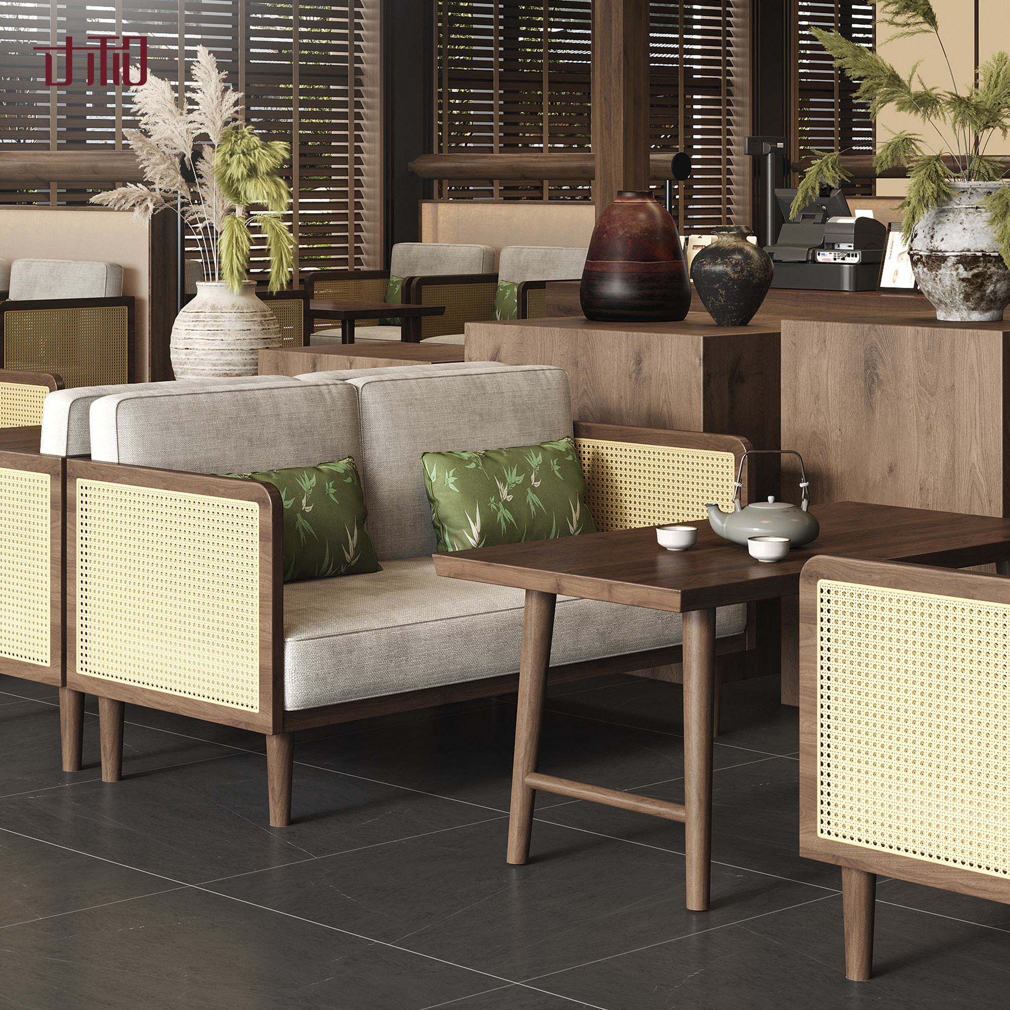 寸和  藤栖卡座沙发茶几新中式实木茶楼休闲餐厅桌椅办公酒店接待,淘宝优惠券,粉丝福利购,淘宝优惠卷