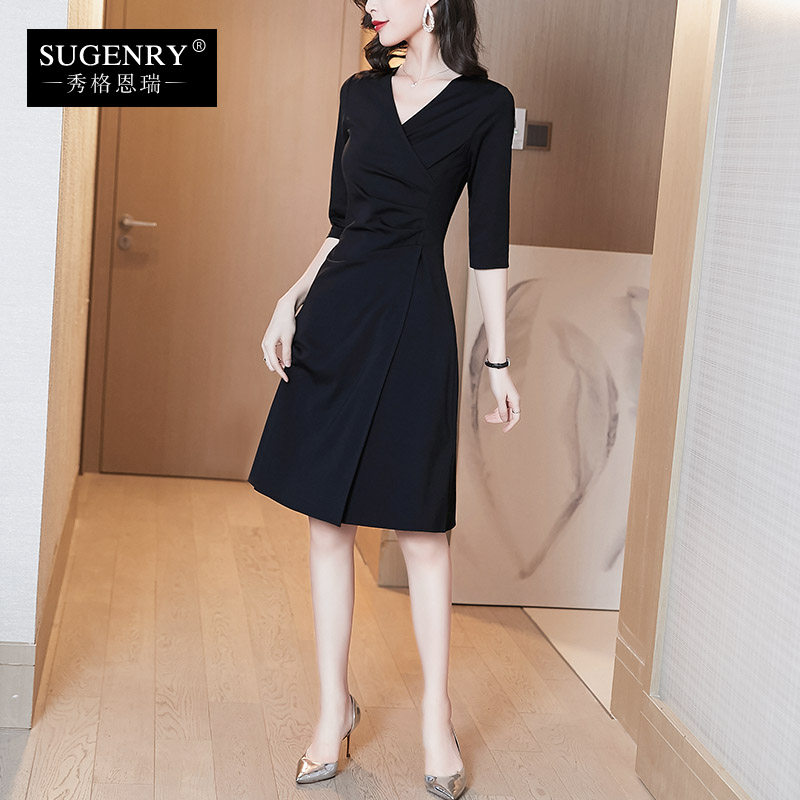 黑色轻奢名媛气质秋冬女装秋连衣裙 sugenry连衣裙