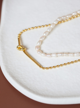 叠戴混搭风小众打结金属天然珍珠