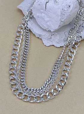 朋克风白金古巴项链女坦克链男喜平链马鞭链镀真金嘻哈多层颈链孤