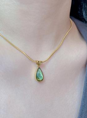蓝眼泪颈链锁骨链T恤项链日常百搭高级感复古橄榄绿蓝色水滴吊坠