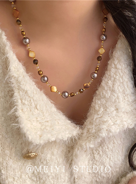 美拉德色系天然虎眼石珍珠拼接串珠锁骨链高级感温柔气质时髦项链