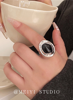 黑妙幻语~不规则金属边黑曜石镶嵌夸张戒指 简约气质小众无名指环