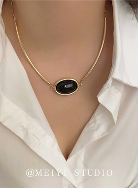 中古风个性简约椭圆黑石吊坠锁骨链 高级感简约百搭时髦轻奢项链