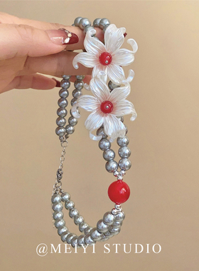 甜酷辣妹立体花朵珍珠锁骨链
