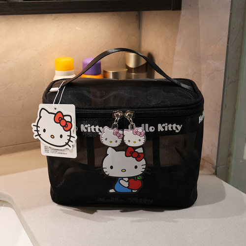 HELLOKITTY凯蒂猫网纱镂空化妆包轻便手提大容量旅行洗漱袋收纳包 - 图1