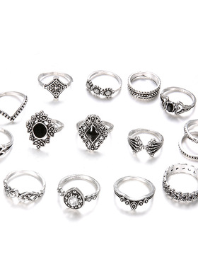 跨境货源波西米亚复古古银莲花女新款个性戒指指环15件套