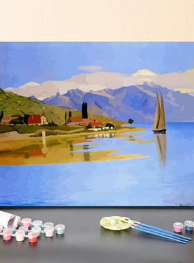 数字油画diy手工填充画家瓦洛经典名画湖边夕阳客厅挂画装饰画