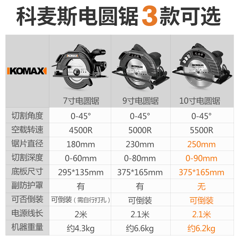 科麦斯家用多功能电圆锯手提木工倒装电锯圆盘锯台锯切割机7寸9寸