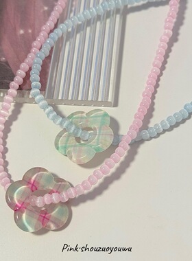 猫眼串珠粉蓝小花项链